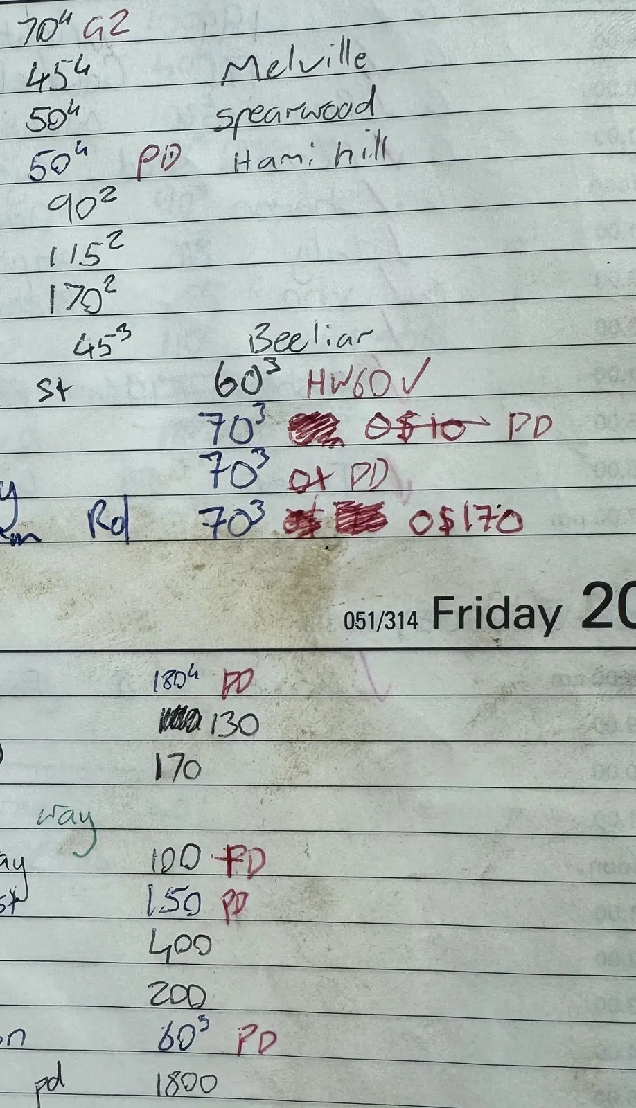 A page of Joe's paper diary: prices in blue and black, red crossings-out and PD for paid, and a coffee stain