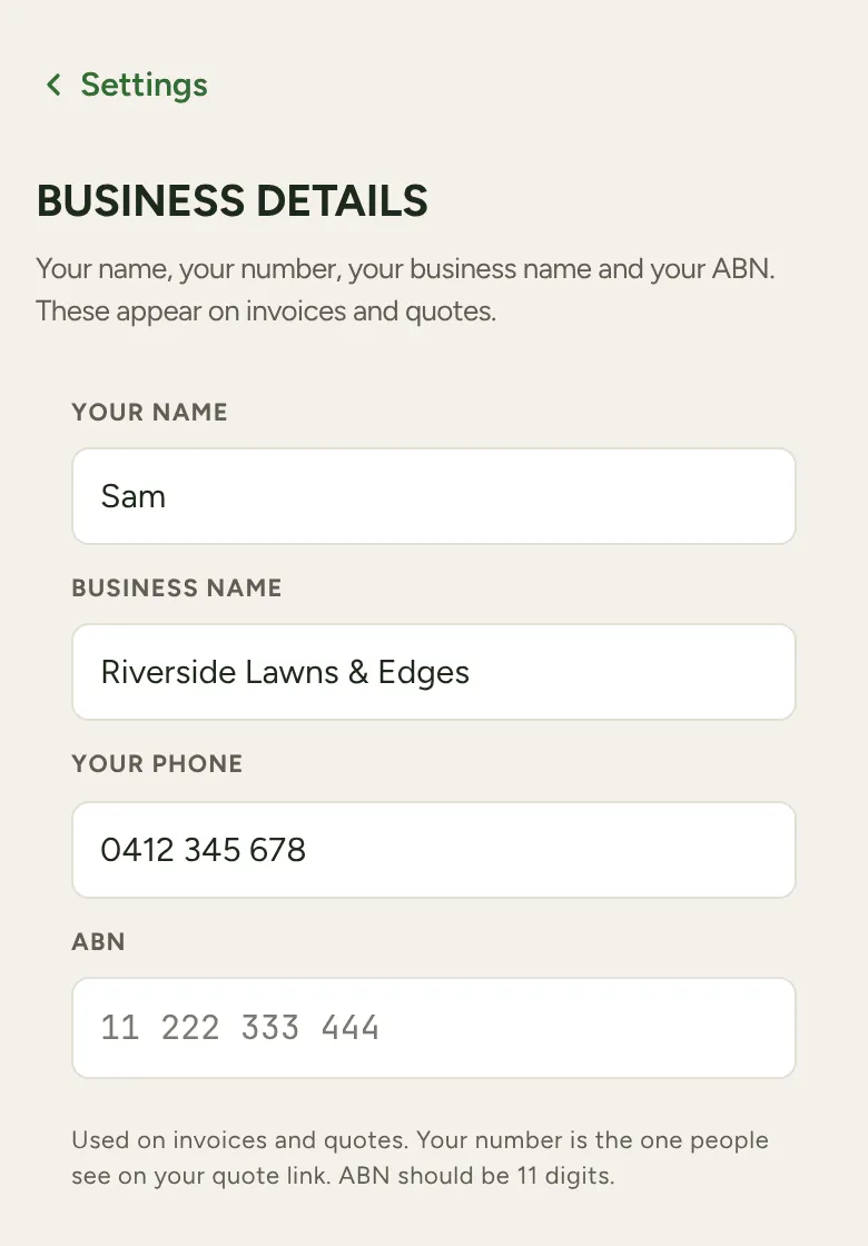 The Business details screen with Your Name, Business Name, Your Phone and ABN
