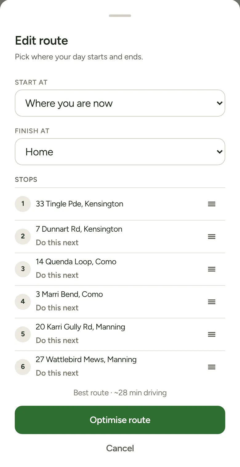 Edit route: Start at, Finish at and the list of stops