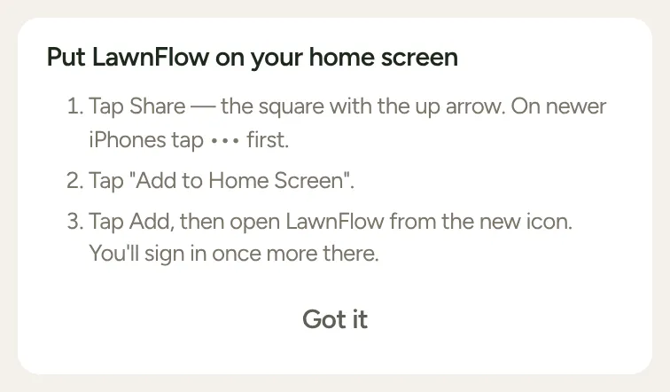 The card LawnFlow shows in Safari: Put LawnFlow on your home screen, three steps, and Got it