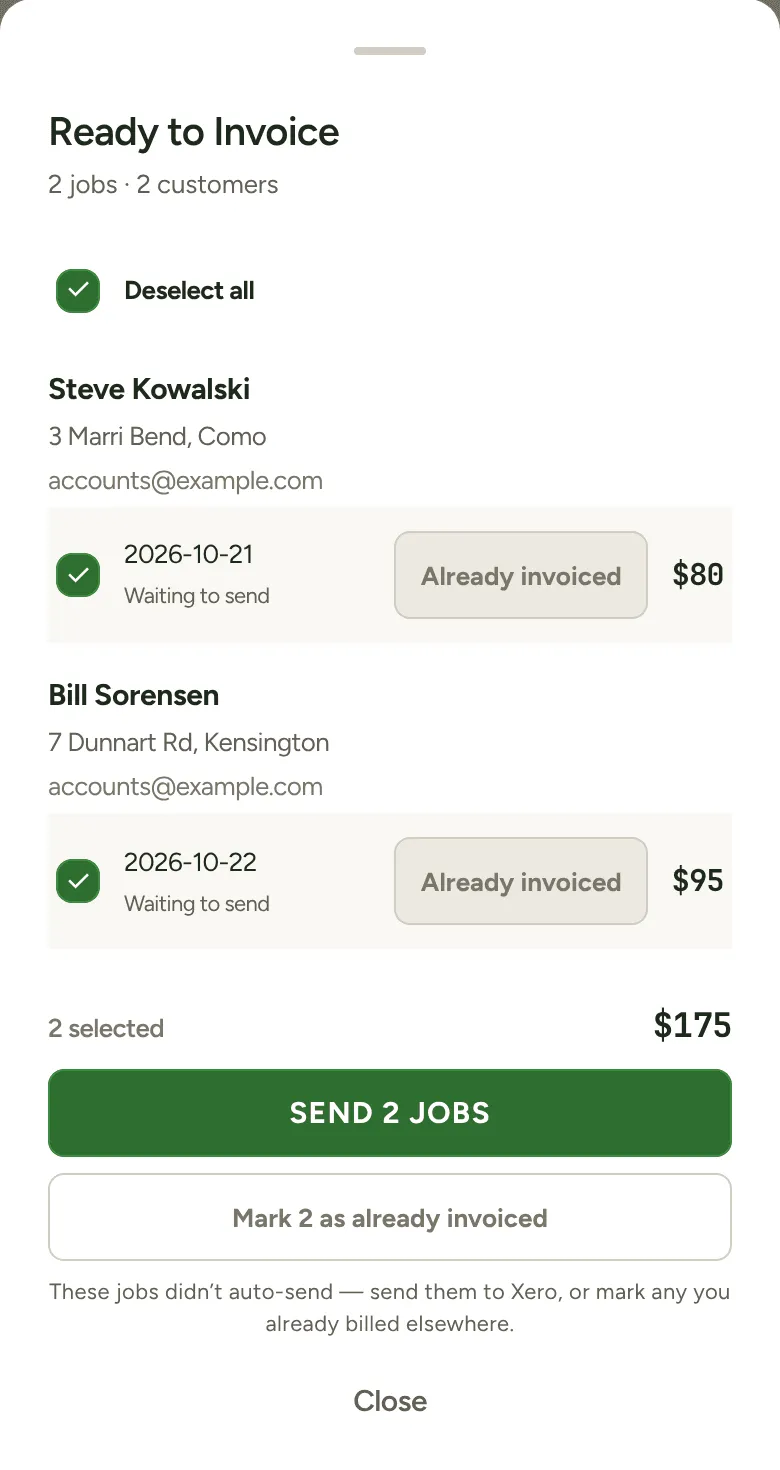 Ready to Invoice: jobs grouped by customer, ticked, with the Send button
