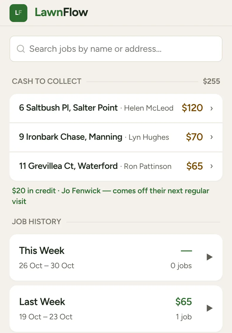 The Money tab: Cash to collect with the total, and a credit line underneath