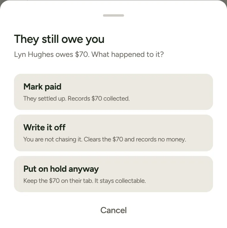 They still owe you, with Mark paid, Write it off and Put on hold anyway