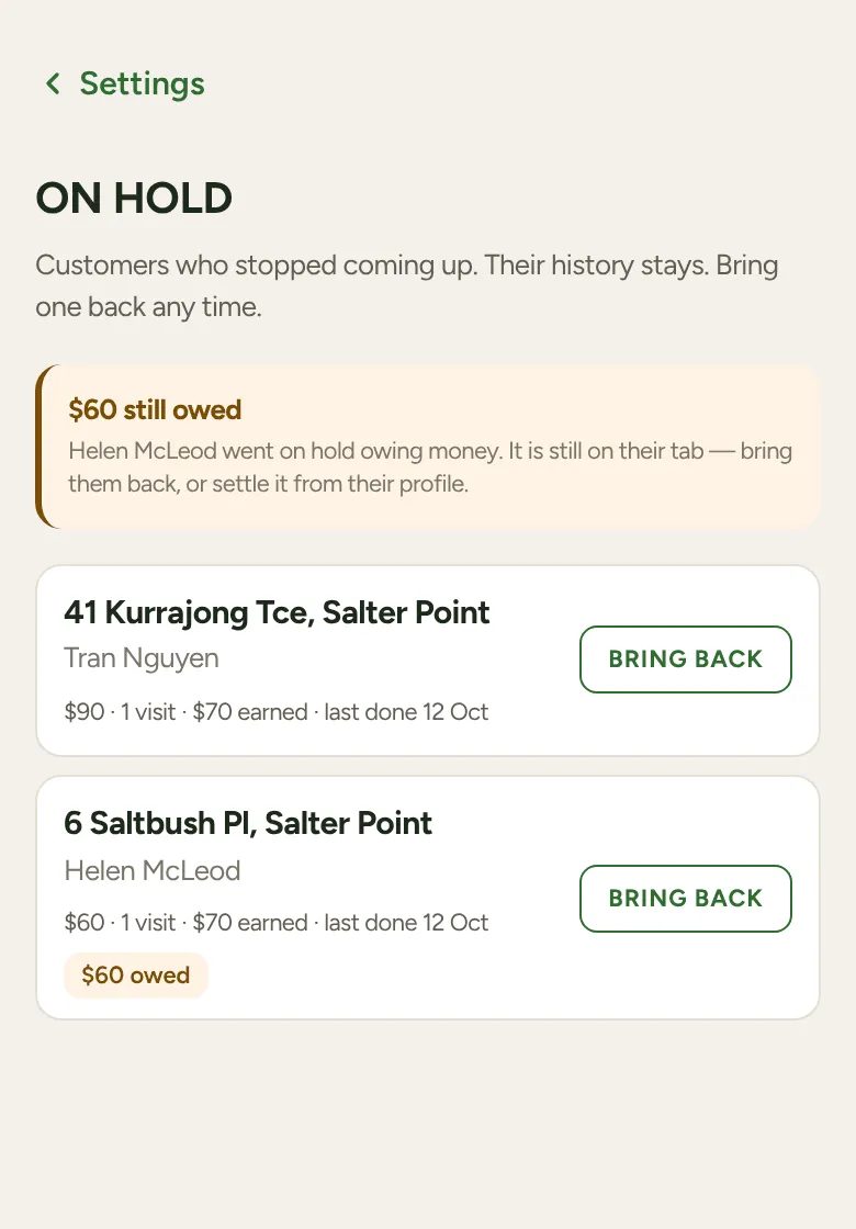 The On hold screen in More, with Bring back on each customer
