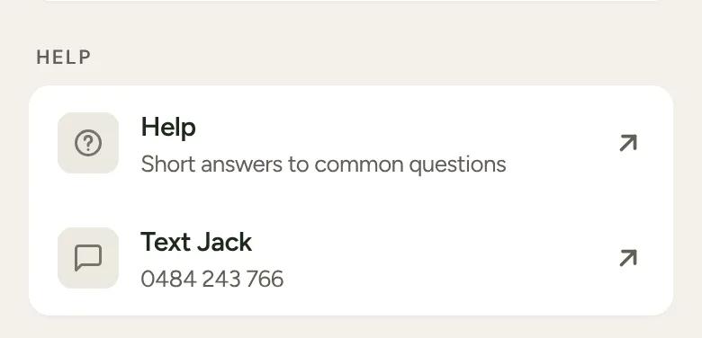 The Help rows at the bottom of More: Help, and Text Jack with his number