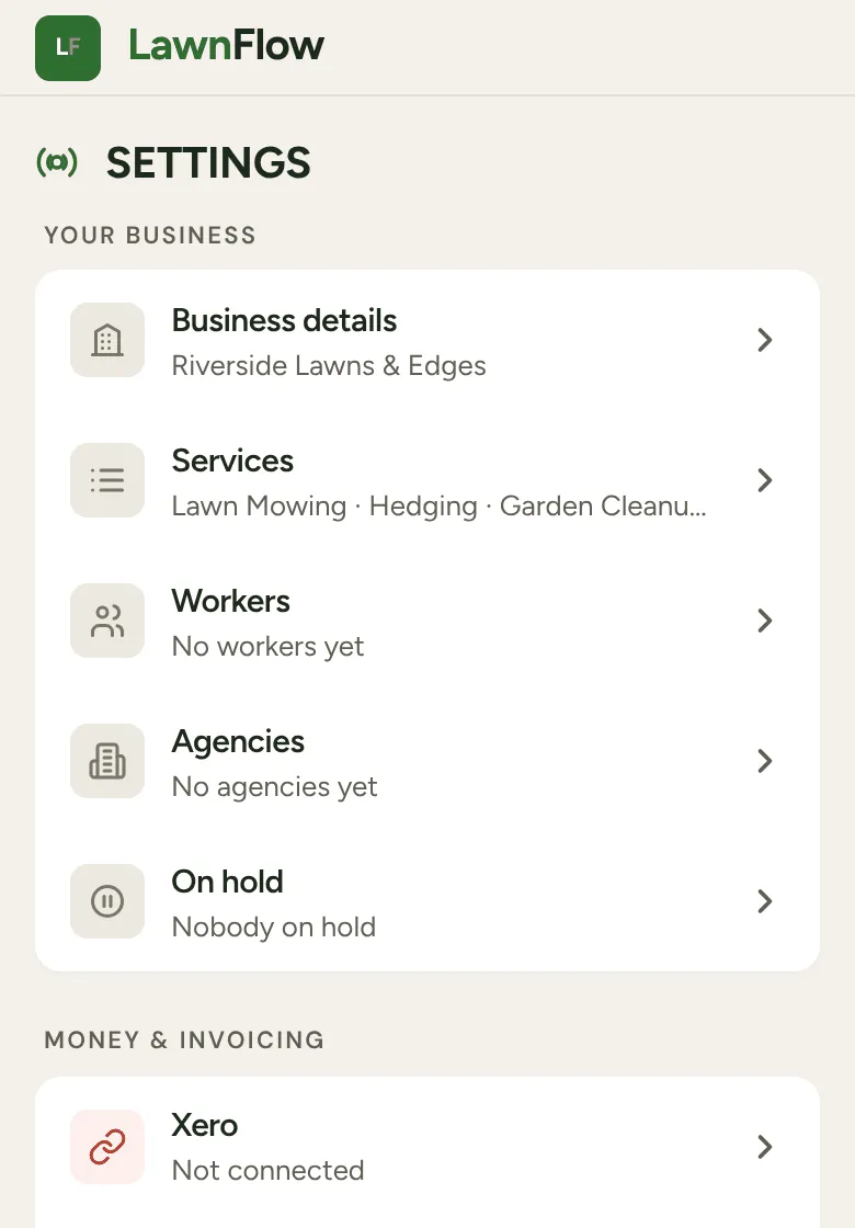 Settings: the Your business rows, with Business details at the top