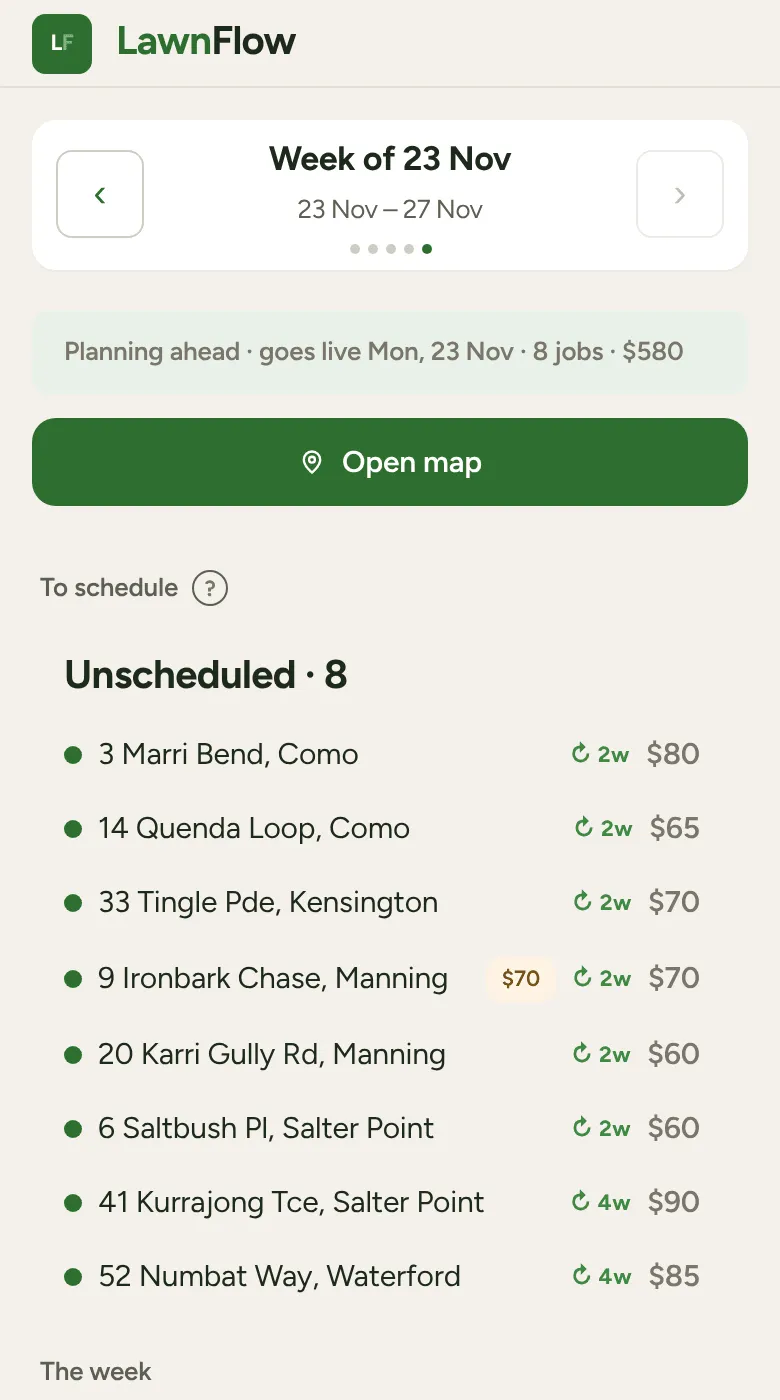 The Week tab four weeks ahead, with the Planning ahead banner