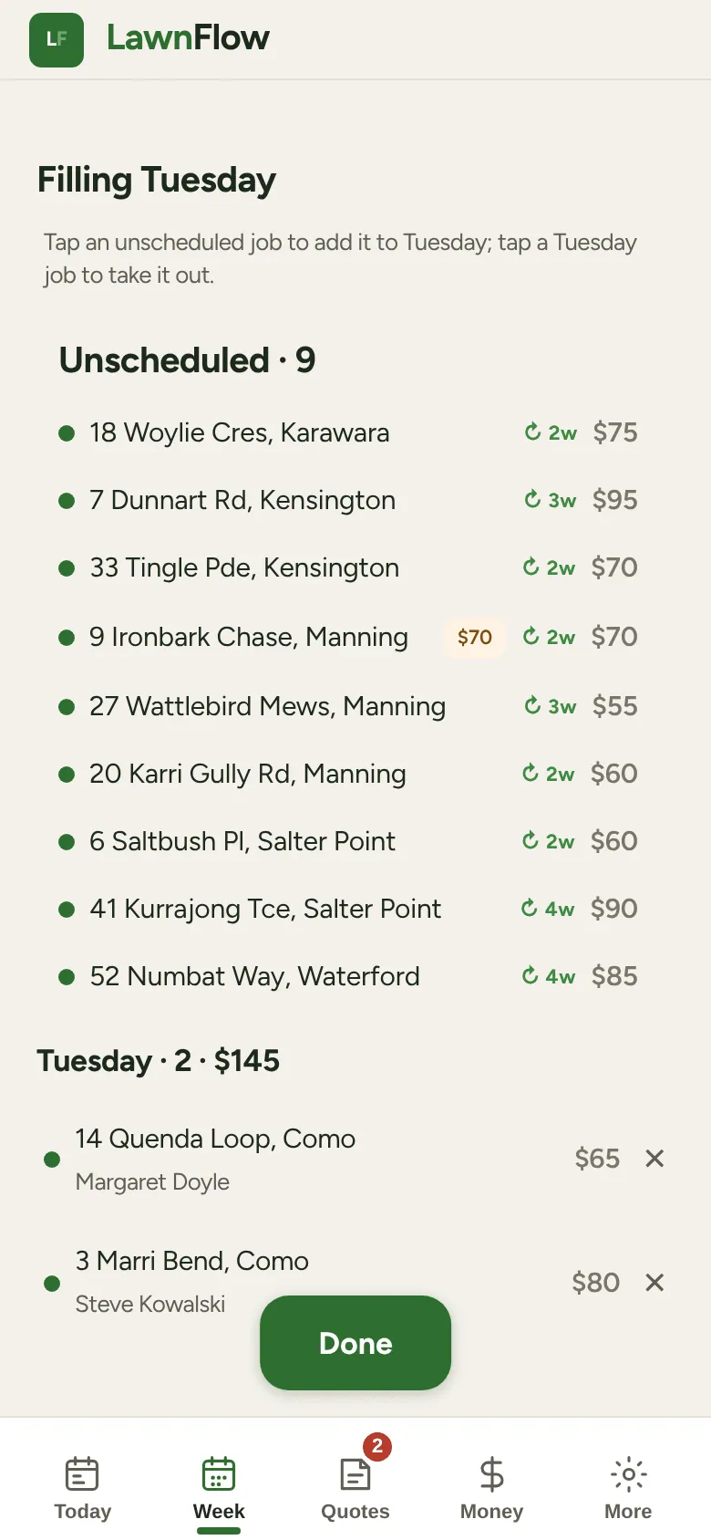Filling Tuesday: the unscheduled jobs on top, Tuesday’s two jobs underneath, and Done