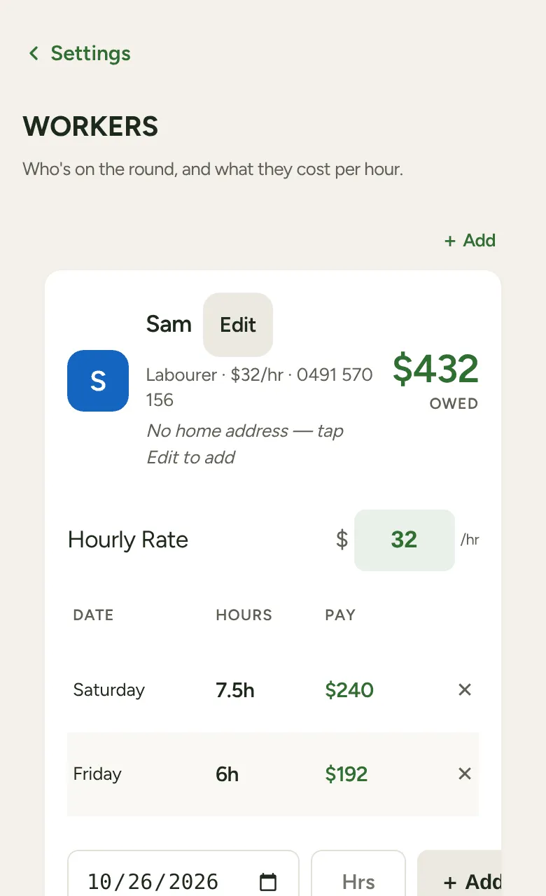 A worker’s card: hourly rate, hours logged by date, and the amount owed