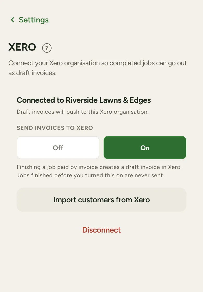 The Xero screen with Send invoices to Xero set to On