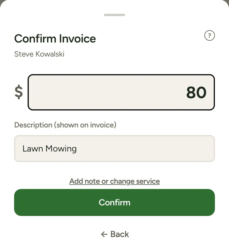 Finishing an invoice job: the amount, the description that goes on the invoice, and Confirm.