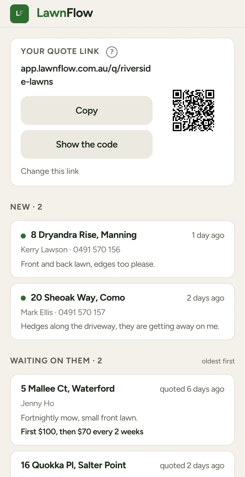 The Quotes tab: the quote link and its QR code, two new requests, and two waiting on the customer.