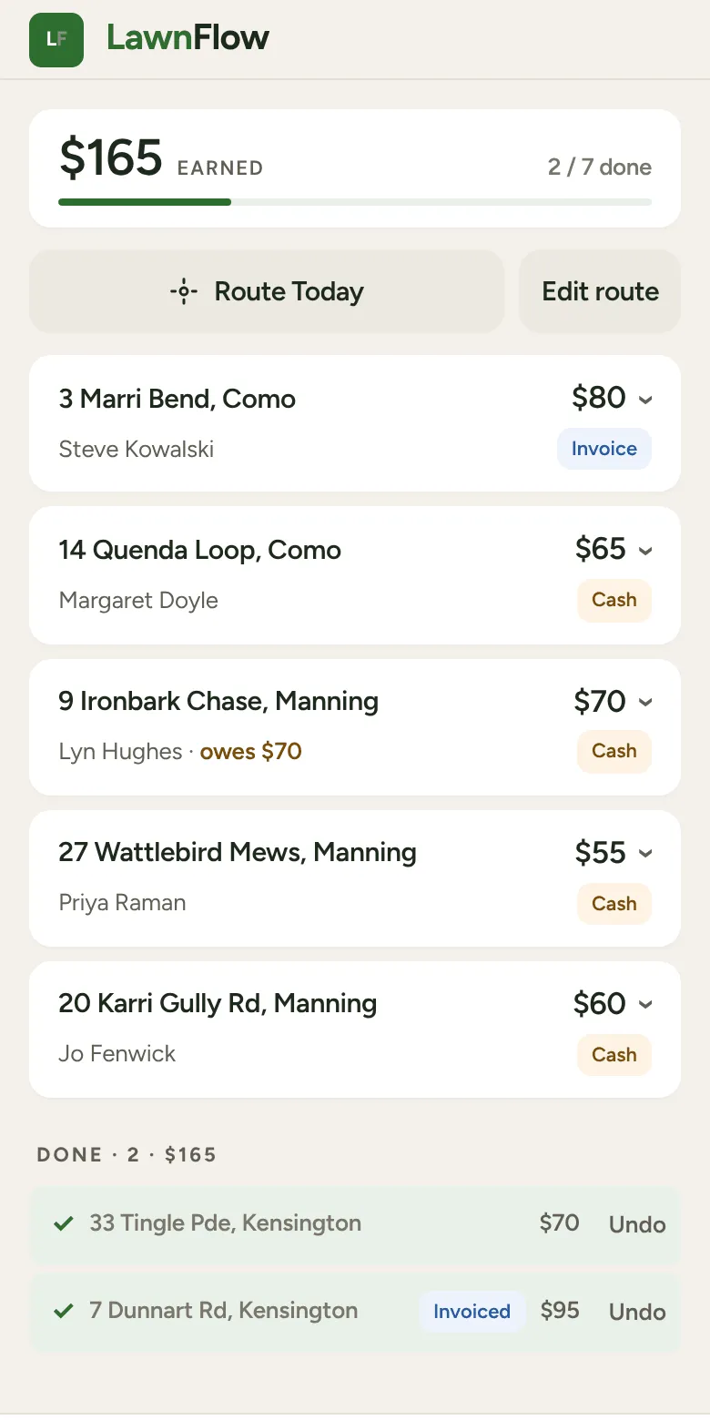 LawnFlow's Today screen: seven jobs in Como, Manning and Kensington, two of them done, $165 earned so far.